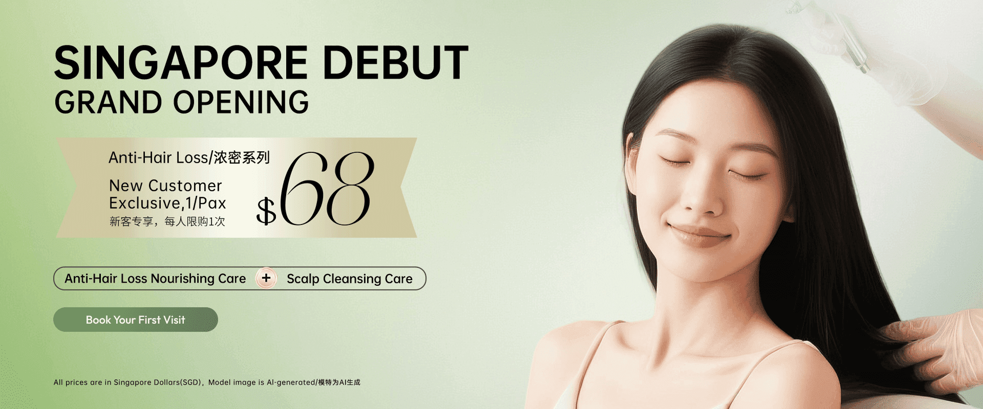 Singapore Debut Grand Opening. Anti-Hair Loss. New Customer Exclusive 1/pax S$68. Anti-Hair Loss Nourishing Care + Scalp Cleansing Care. Book Your First Visit.