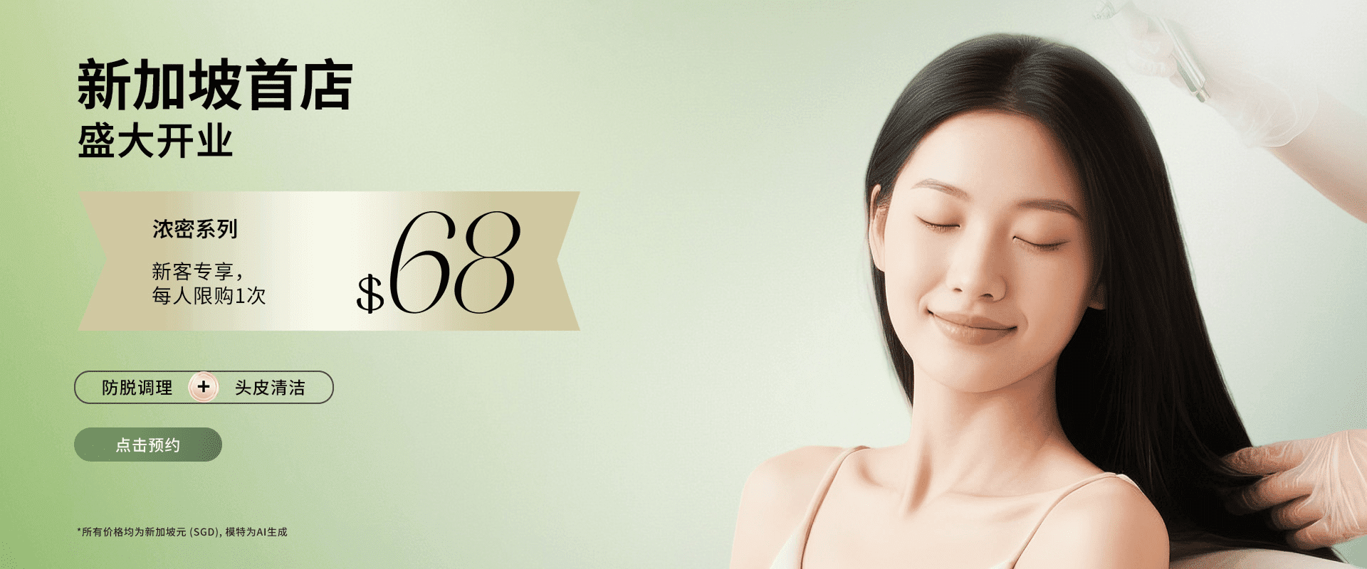 新加坡首店盛大开业。浓密系列。新客专享，每人限购1次。防脱调理+头皮清洁。点击预约。