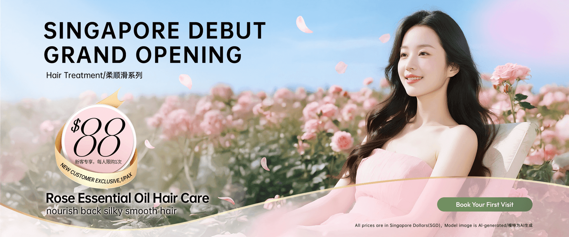 Singapore Debut Grand Opening. Hair Treatment， Rose Essential Oil Hair Care, nourish back silky smooth hair. Book Your First Visit.